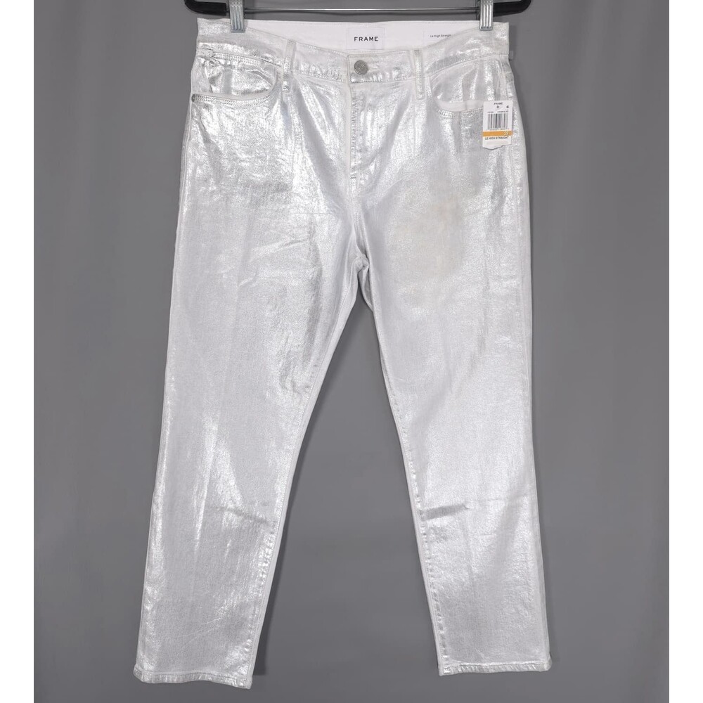 FRAME Womens New Pants Jeans 29 Le High Straight Fit Metallic Silver LHST009C